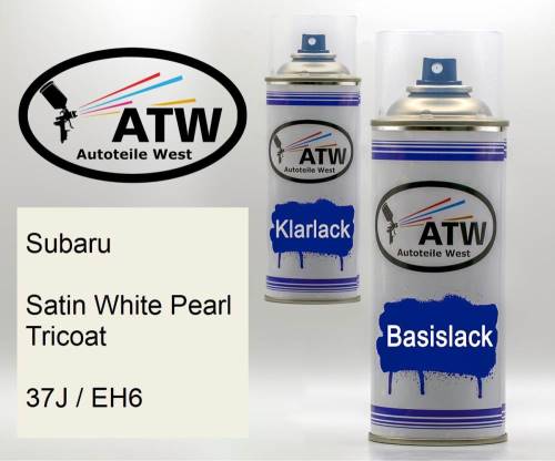 Subaru, Satin White Pearl Tricoat, 37J / EH6: 400ml Sprühdose + 400ml Klarlack - Set, von ATW Autoteile West.
